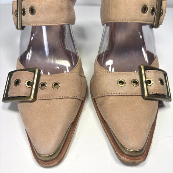Free People x Jeffrey Campbell Nude Leather Strappy Block Heel Booties Size 8 - Picture 4 of 13